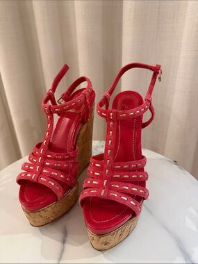 Dior Coral-Red Suede T-Strap Cork Wedge Sandals